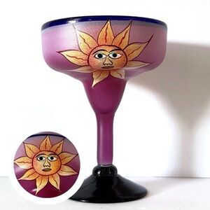 Signed Hand Pained Bohemian Mexican Sun Margarita Glass Cobalt Blue Stem & Rim